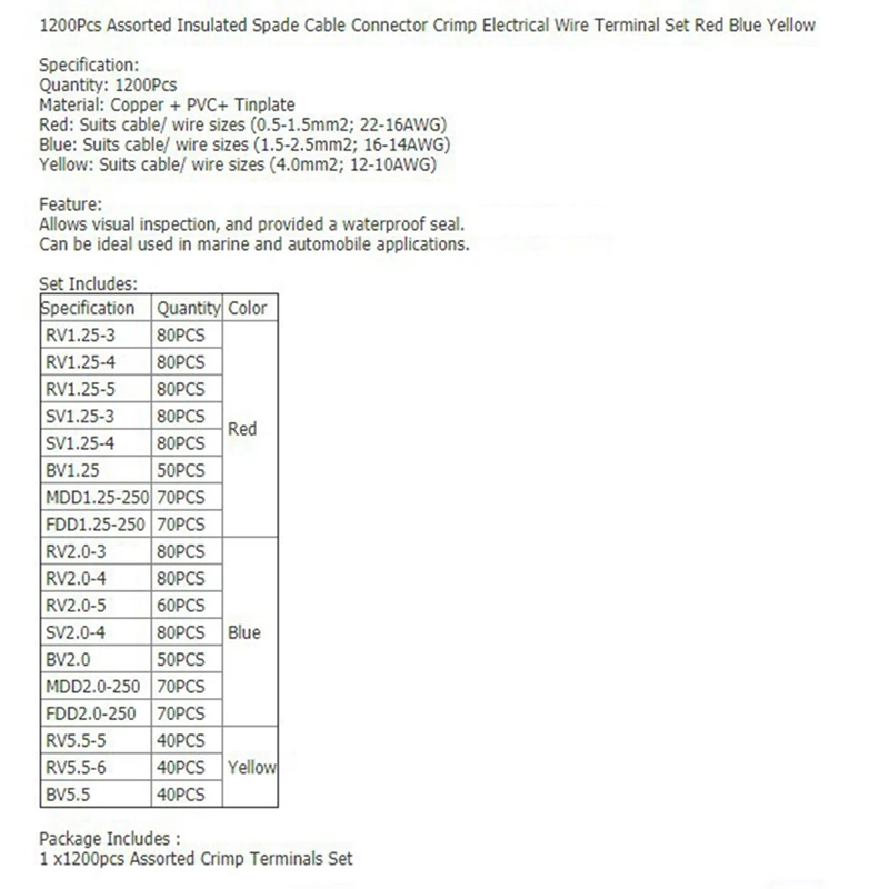 1200Pcs Cold-Pressed Terminal Block Combination Set Connecting Terminal Assorted Spade Cable Connector Crimp