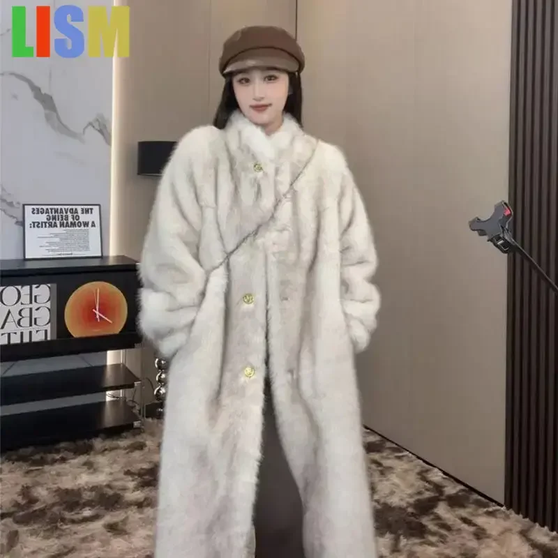 

LISM женская элитная брендовая длинная шуба из искусственного меха, теплая зимняя женская одежда высокого качества, ветрозащитная ветровка, верхняя одежда