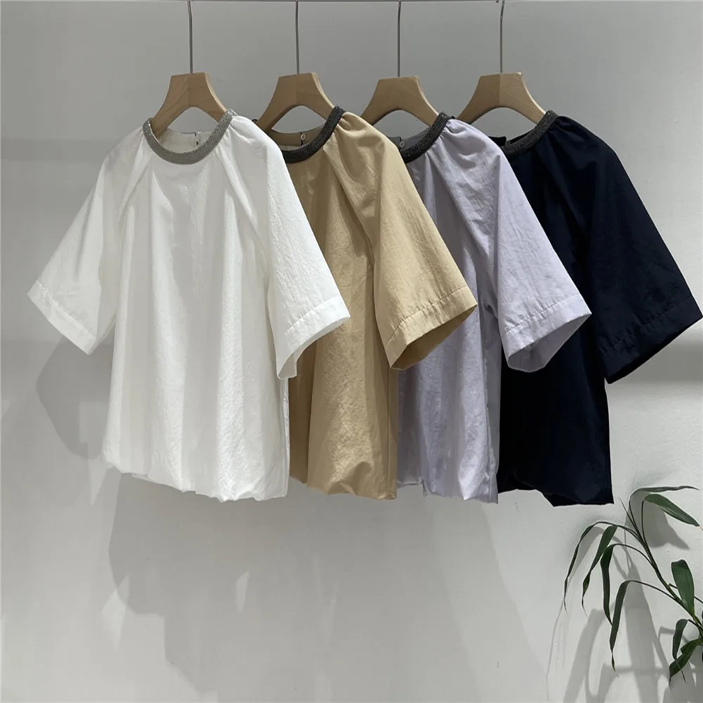 

Summer Women's Round Neck Beaded Short Sleeves Shirt Loose Breathable Pullover Top