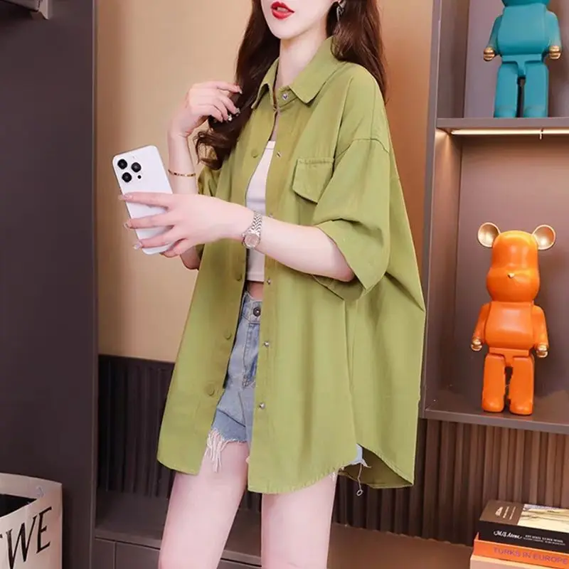

Fashion Lapel Pockets Spliced Letter Casual Shirts Female Clothing 2025 Summer New Loose Korean Tops Young Style Blouses