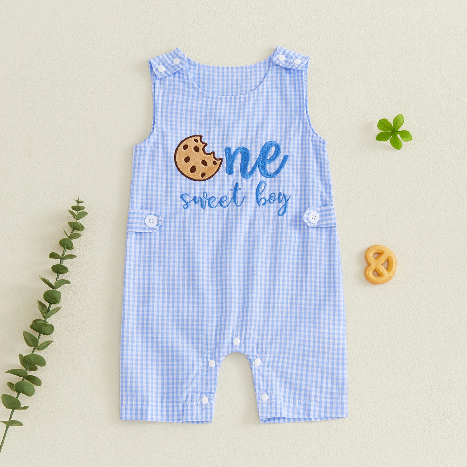 

Baby Birthday Plaid Romper Overalls Biscuit Letter Embroidery Sleeveless Round Neck Jumpsuit