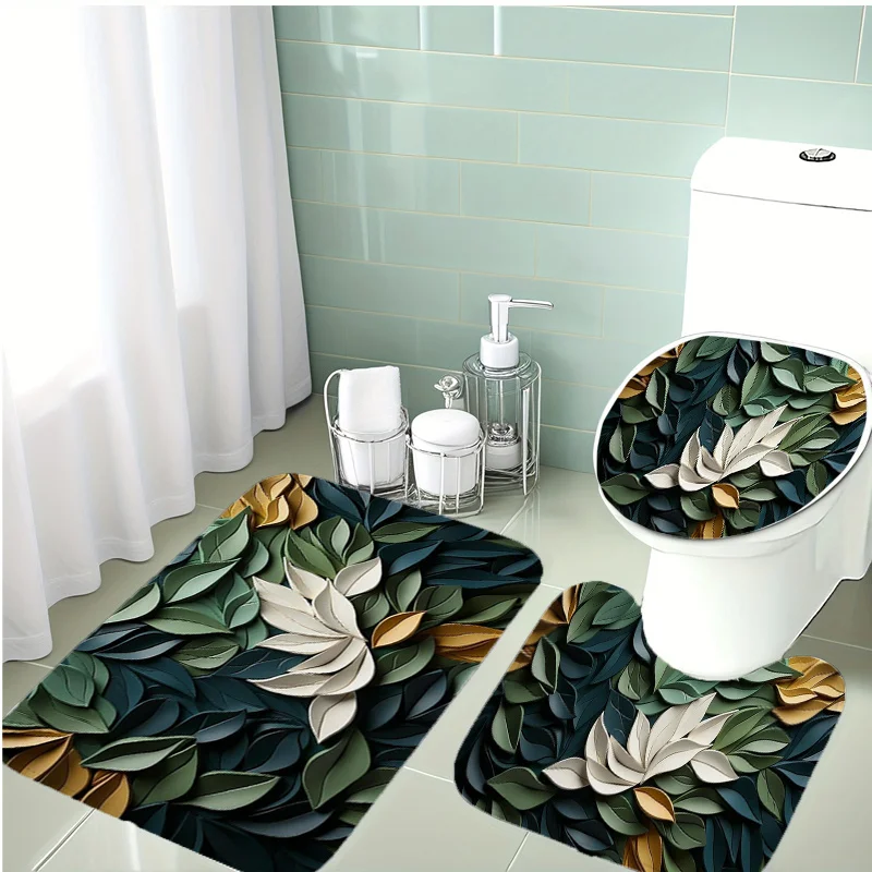 

Dark Green Leaf 3pc Bath Set – Origami Floral Design, Soft Flannel Toilet Cover, U Mat & Floor Rug, Non-Slip Decor