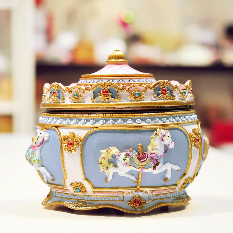 Glowing Carousel Resin Music Box Creative Birthday Gift Round Geometric Music Decoration Gifts Unisex Christmas Gift