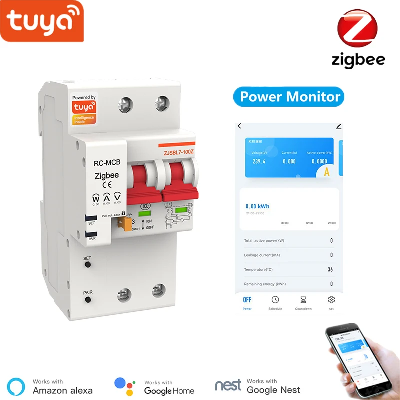 Tuya zigbee 2P Smart circuit breaker remote control no distance limit compatible Alexa echo google Assistant Energy Monitoring