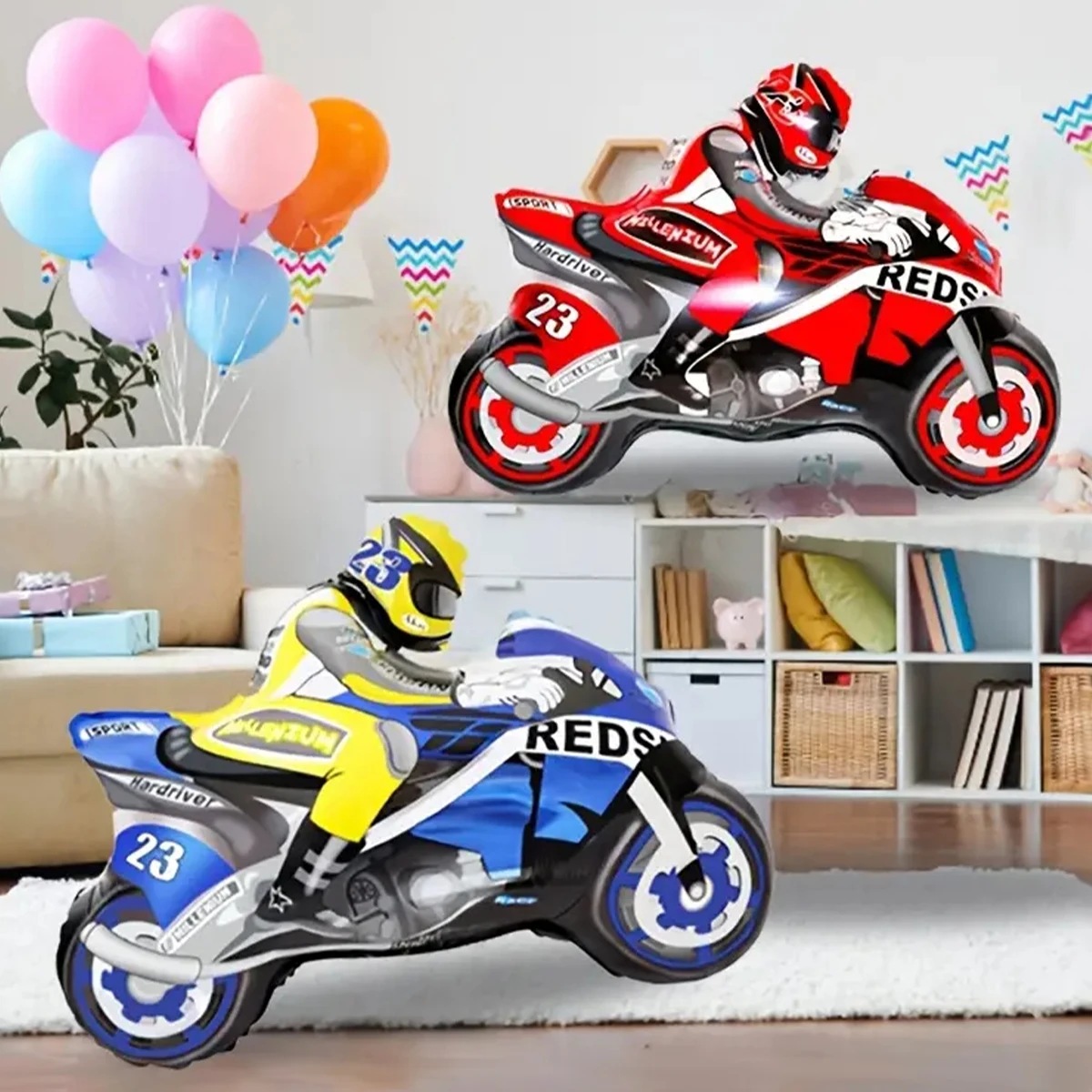 2pcs Motorcycle Racer Balloons, Red and Blue Motorcycle Foil Balloons for Birthday Party, Racing Themed Party Decorations