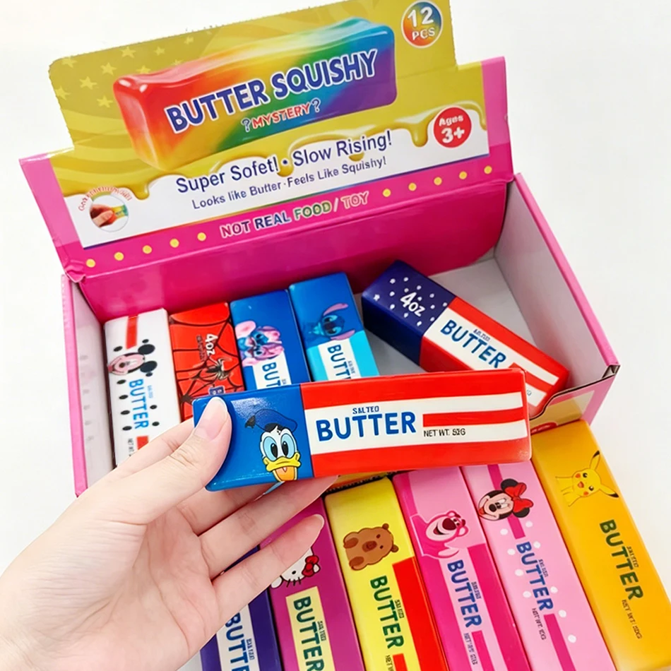 12PCS Full Box Cartoon Series Soft Butter Squishy, Soft Silicone Butter Stick Squeeze Toy, Party Favor Mini Gifts