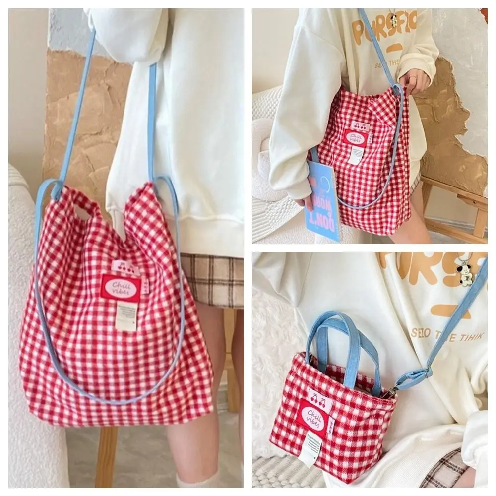 

Cherry Red Grid Crossbody Bag Fresh Color Large Capacity Woolen Shoulder Bag Korean Style Magnetic Buckle Women Handbag Daily