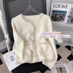 Elegant O-neck Single-breasted Pearl Buttons Pocket Knitted Sweater Korean Fashion Loose Hit Color Imitation Mink Velvet Sweater
