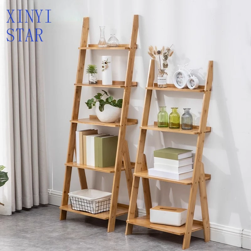 Estantería de corte de bambú para estudiantes, soporte de flores trapezoidal simple y moderno, estante de pared de madera maciza de piso a techo, sala de estar multi-l