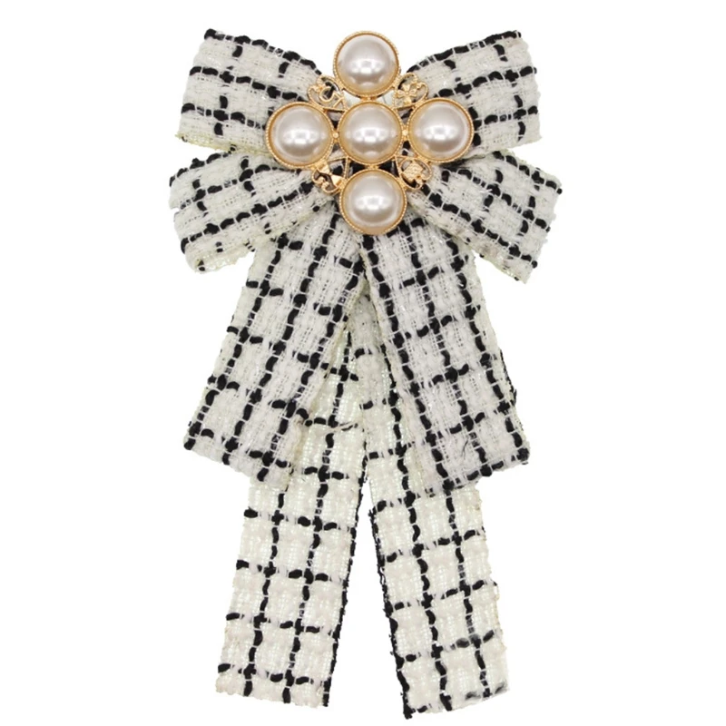 

Women Vintage Elegant Plaid Striped Print Pre-Tied Neck Tie Brooch Imitation Pearl Jewelry Ribbon Bow Tie Corsage for Shirt