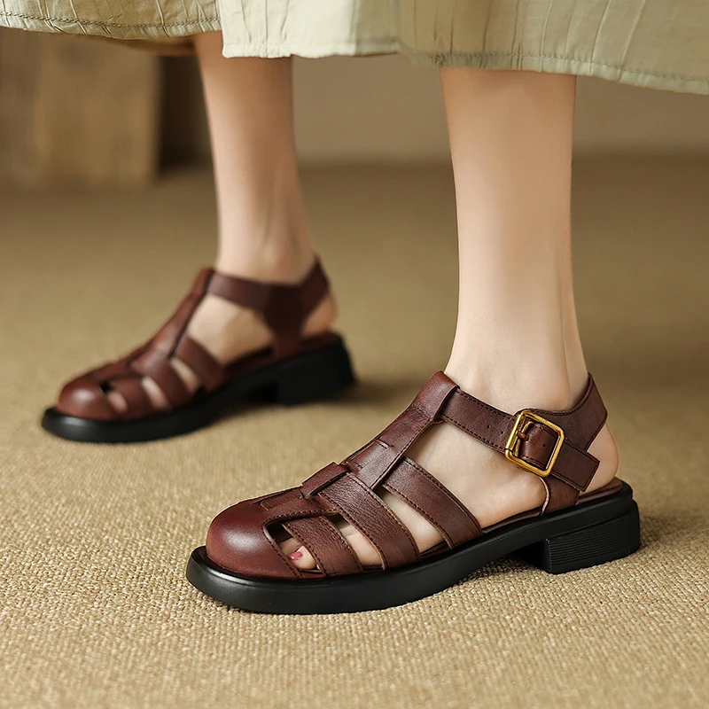 2024 new spring women sandals natural leather shoes 22-24.5cm washed cowhide+pigskin full leather t-strap Flat retro toe sandals