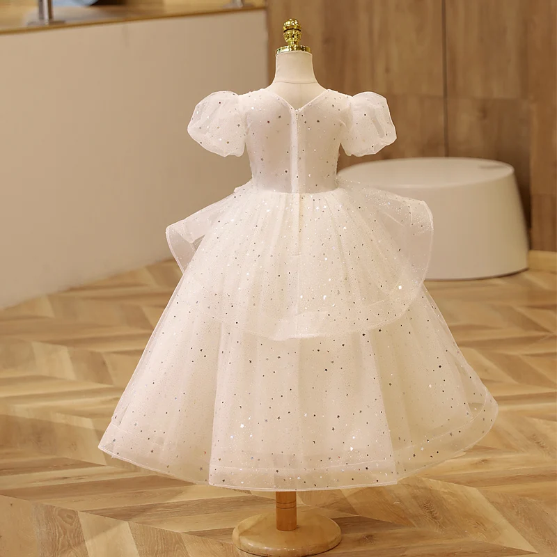 Robe de demoiselle d'honneur à manches bouffantes pour enfants, col en V, paillettes brillantes, robes de fête d'anniversaire, tulle à plusieurs niveaux, robe de Rhlongueur rinçage, 2023