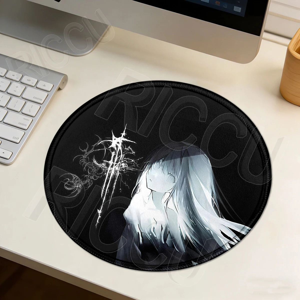 Anime Gothic Girl Black Mouse Pad Round Non-Slip Rubber Desk Mat with Stitched Edge Durable Keyboard Pads Office PC Accessories