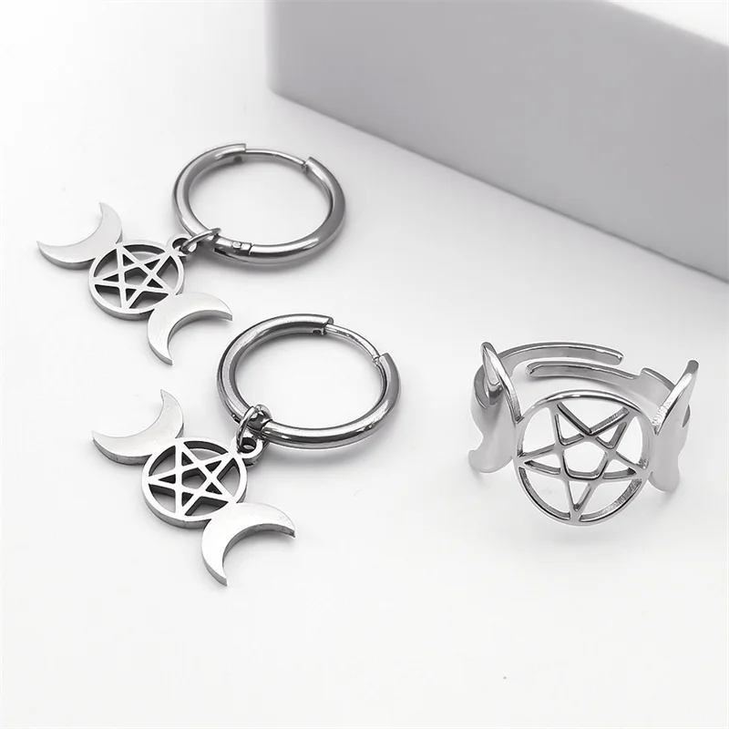 Stainless Steel Jewelry Set Triple Moon Goddess Pentagram Pentacle Necklace Women Men Ring Bracelet Earrings conjuntos de joyas image 6
