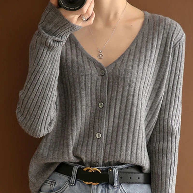 

Autumn Office Knitted Cardigan Casual V-Neck Slim Simple Tops Outerwear Elegant Long Sleeve Thin Sweater Coat Women Jumper 29241