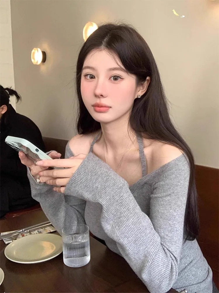 Gray Long Sleeve Knitted Sweater Women's Neck Hanging Shoulder Style Early Autumn Fashion Slim Fit Inner Wear Base Shirt Top
