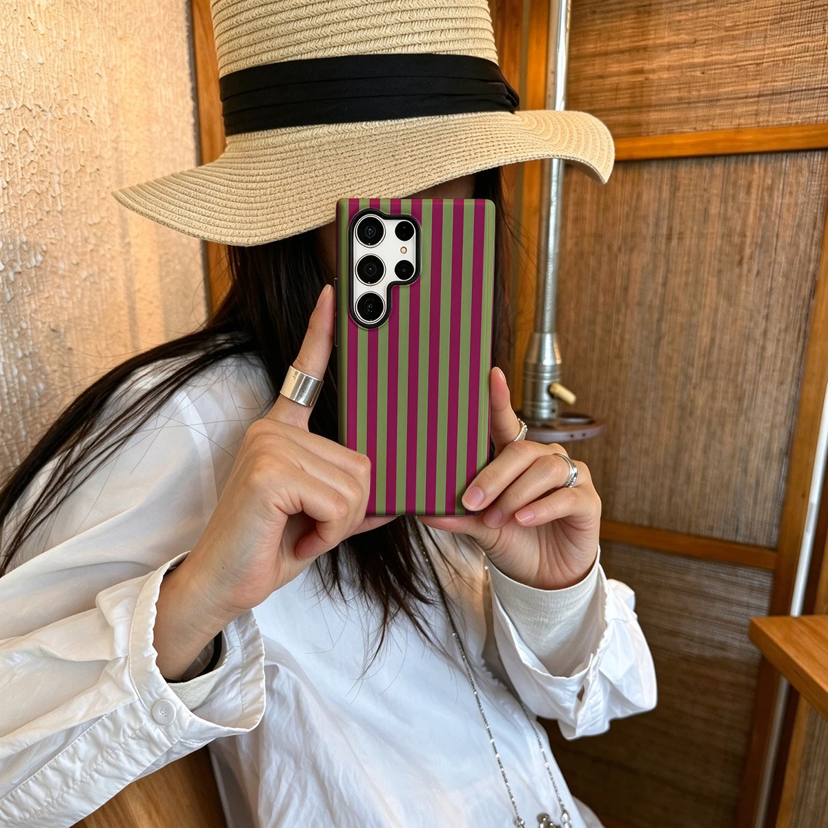 Magenta Olive Stripes Hard Shock-Absorption Phone Case For Samsung Galaxy S26 S25 Ultra S24 S23 Plus 2-in-1 Protective Cover