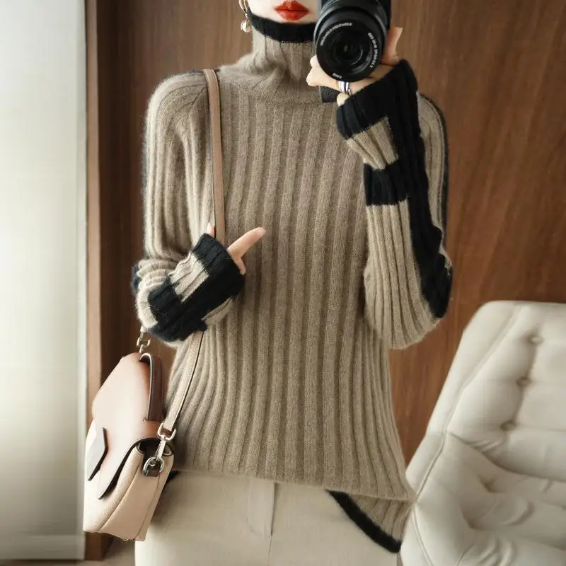 

Autumn Winter Women Turtleneck Sweater Long Sleeve Spliced Patchwork Knitted Soft Jumpers Twisted Women Pullovers Basic Sweaters