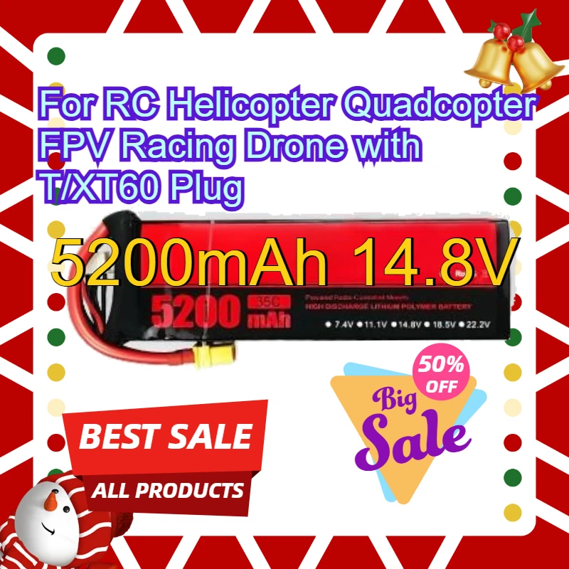 

High-Performance Rechargeable Batter 5200mAh 14.8V for RC Helicopter Quadcopter FPV Racing Drone with T/XT60 Plug