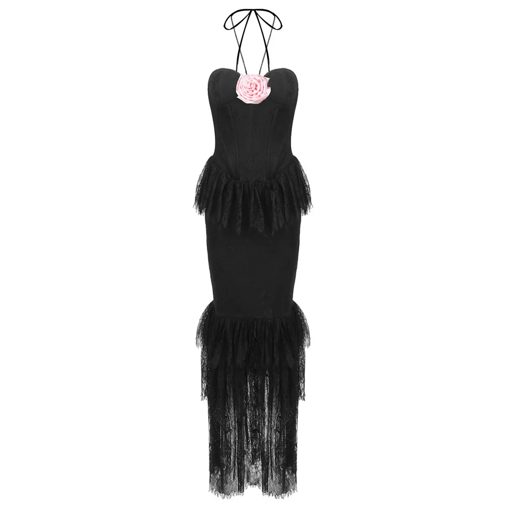 Schwarze Spitzen-Blumenkleider für Frauen, sexy trägerloses Nachtclub-Partykleid, 2025, Sommermode, luxuriöse Promi-Abend-Abschlussballkleider