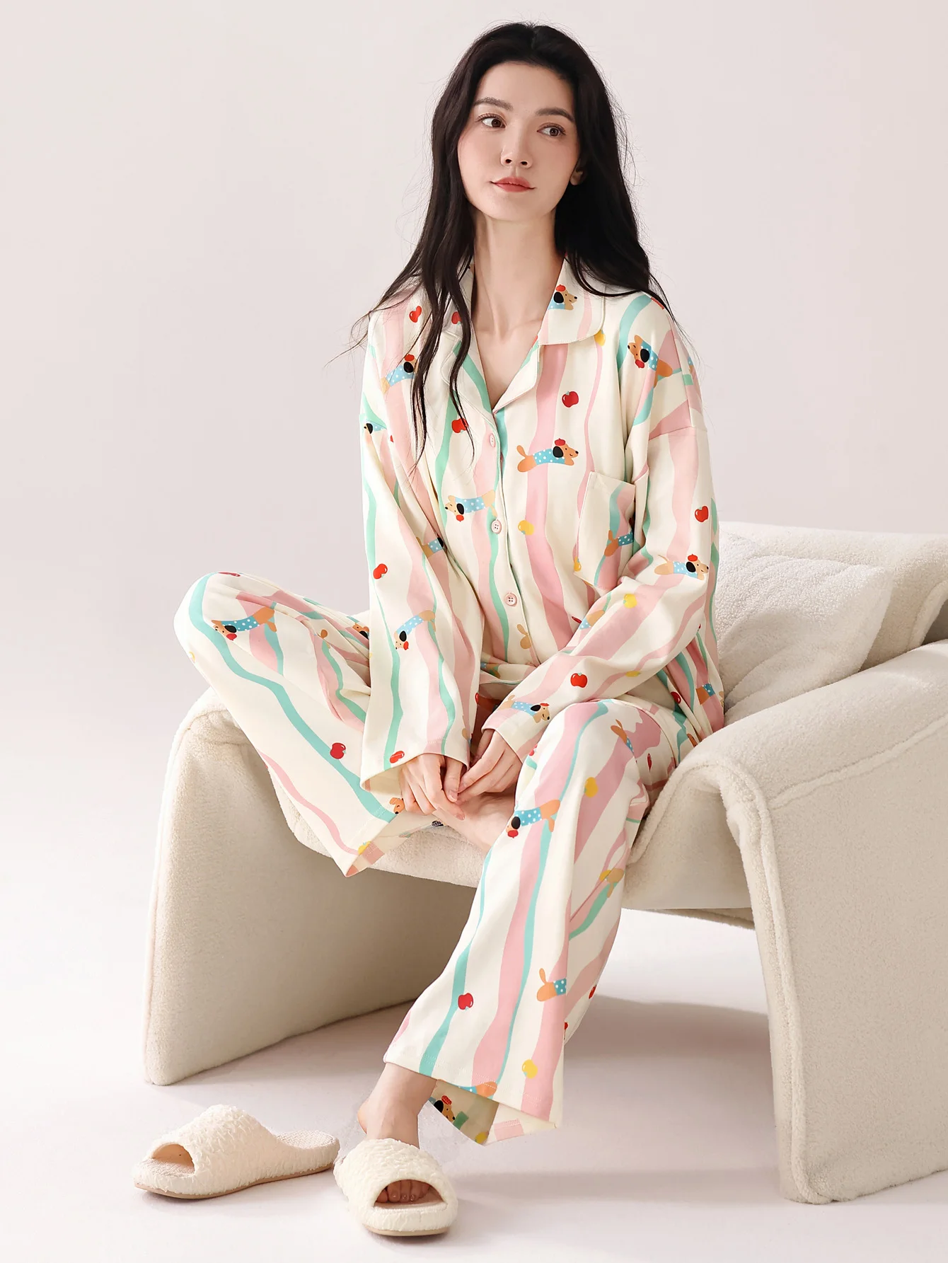 ملابس نوم من القطن الخالص 100% مع وسادة صدر، سراويل نسائية للخريف والشتاء بأكمام طويلة، ملابس نوم نسائية مقاس كبير من القطن الخالص