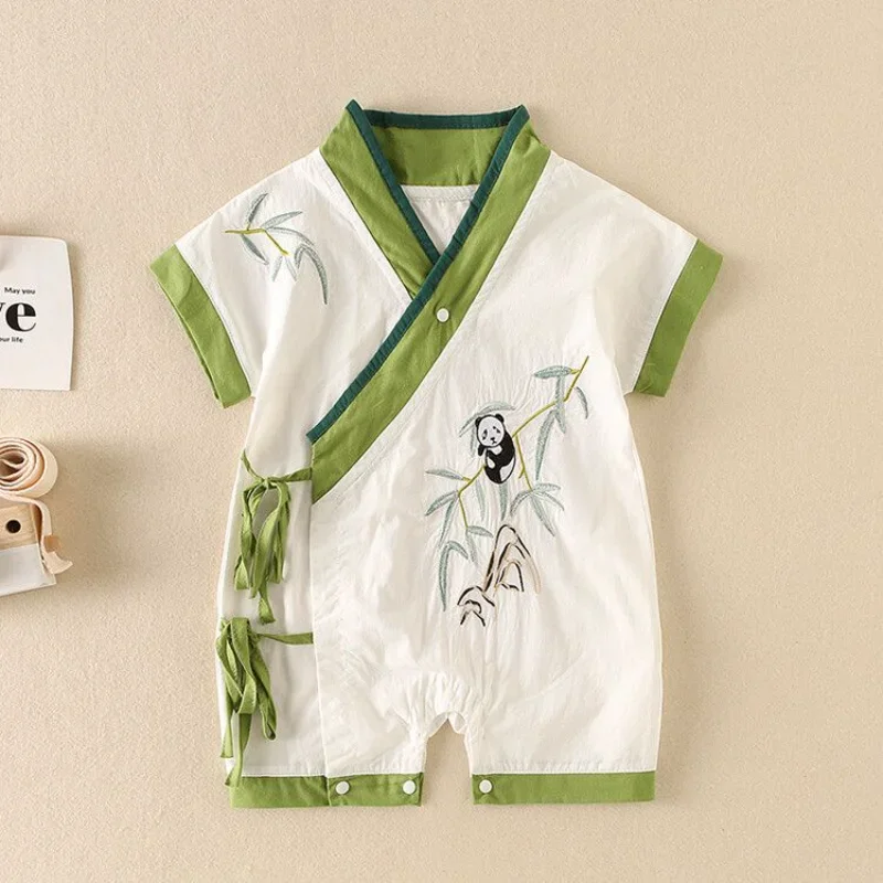 

2023 Summer Chinese Style White Cartoon Panda Embroidery Short Sleeve Jumpsuit for Boys Girls Kawaii Newborn Baby Creeper 3-12M