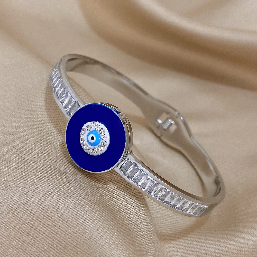 Lifefontier Stainless Steel Blue Evil Eyes Bracelets For Women Waterproof Zircon Heart Flower Bangles Bracelet Statement Jewelry