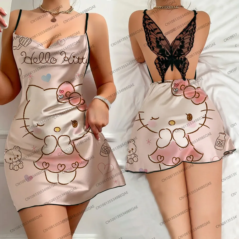 Summer Women's Sexy Backless Butterfly Lace Nightdress Hello Kitty Print Casual Crew Neck Fashion Comfort Suspender Pajamas