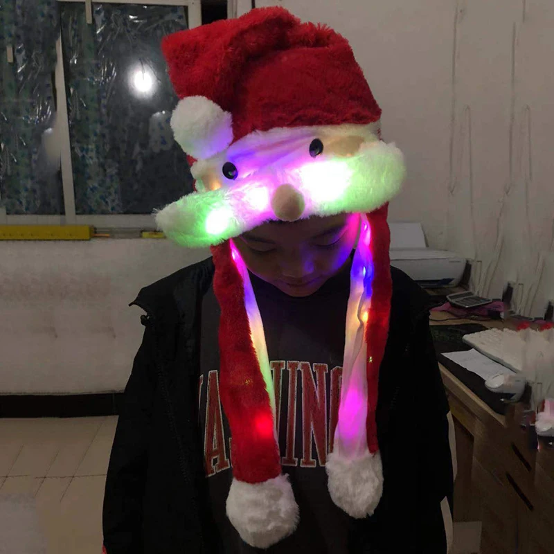 LED Luminous Santa Claus Hat Novelty Plush Hat Cosplay Costumes Moving Beard Headwear Decorations Holiday Gifts for Kids