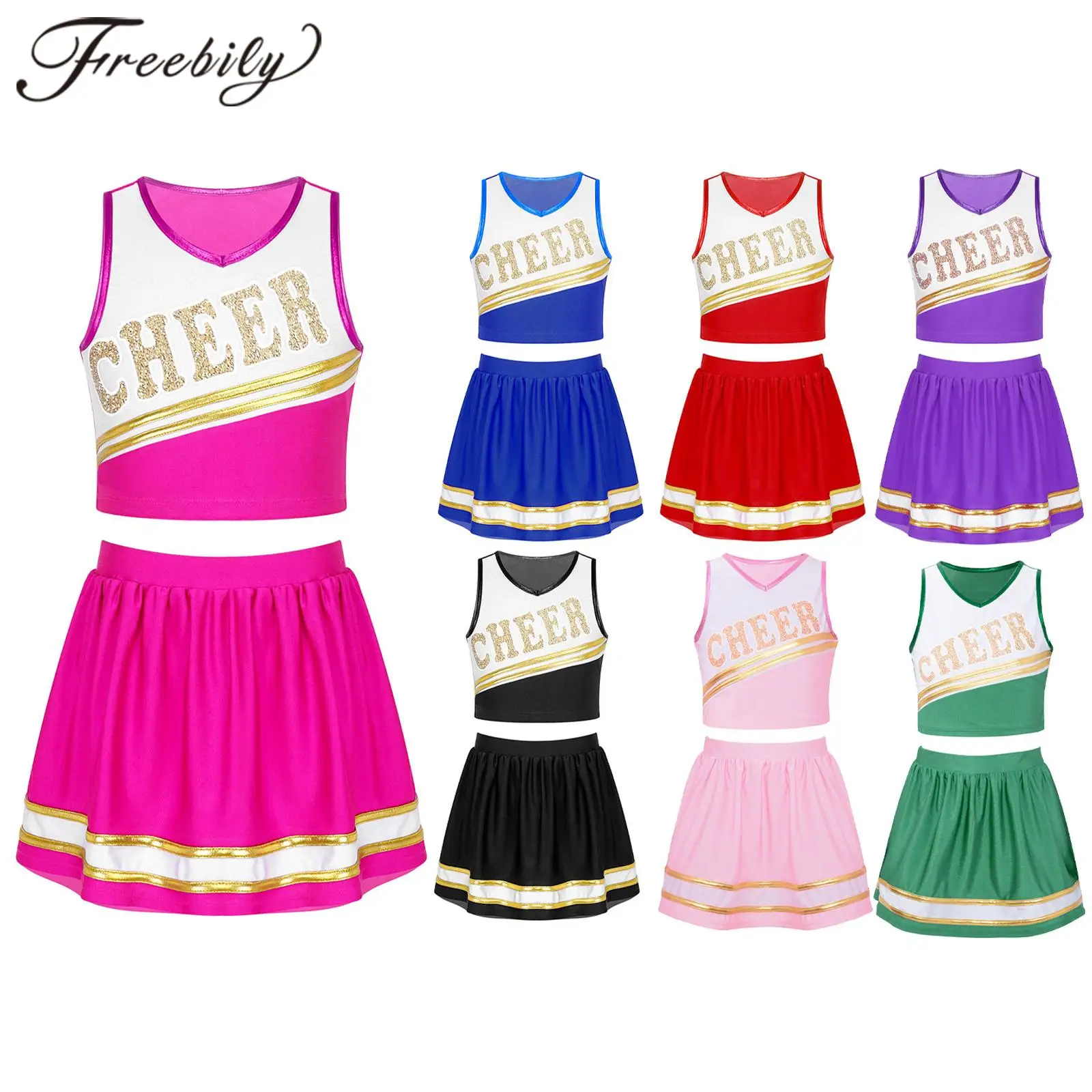 Kids Girls Cheer Dance Outfit Schoolgirl Cheerleader Costume Children Cheerleading Dancewear for Cheering Team Dancing Sets