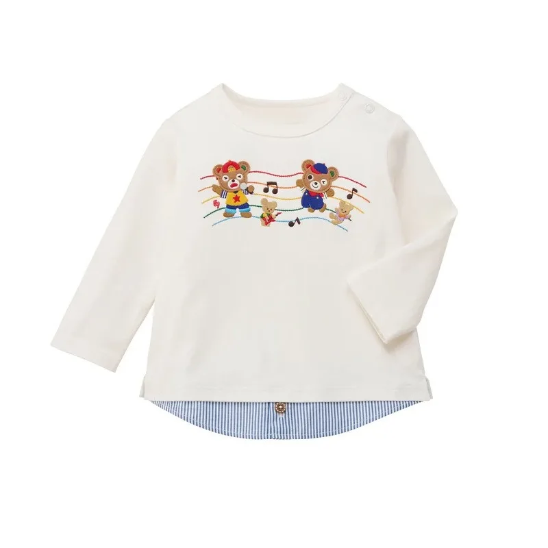 Spring Boys' T-Shirts Cartoon Bear Note Long-sleeved T-shirt Japanese Style Cute Children's Fake Two-piece Top for Inner Wear