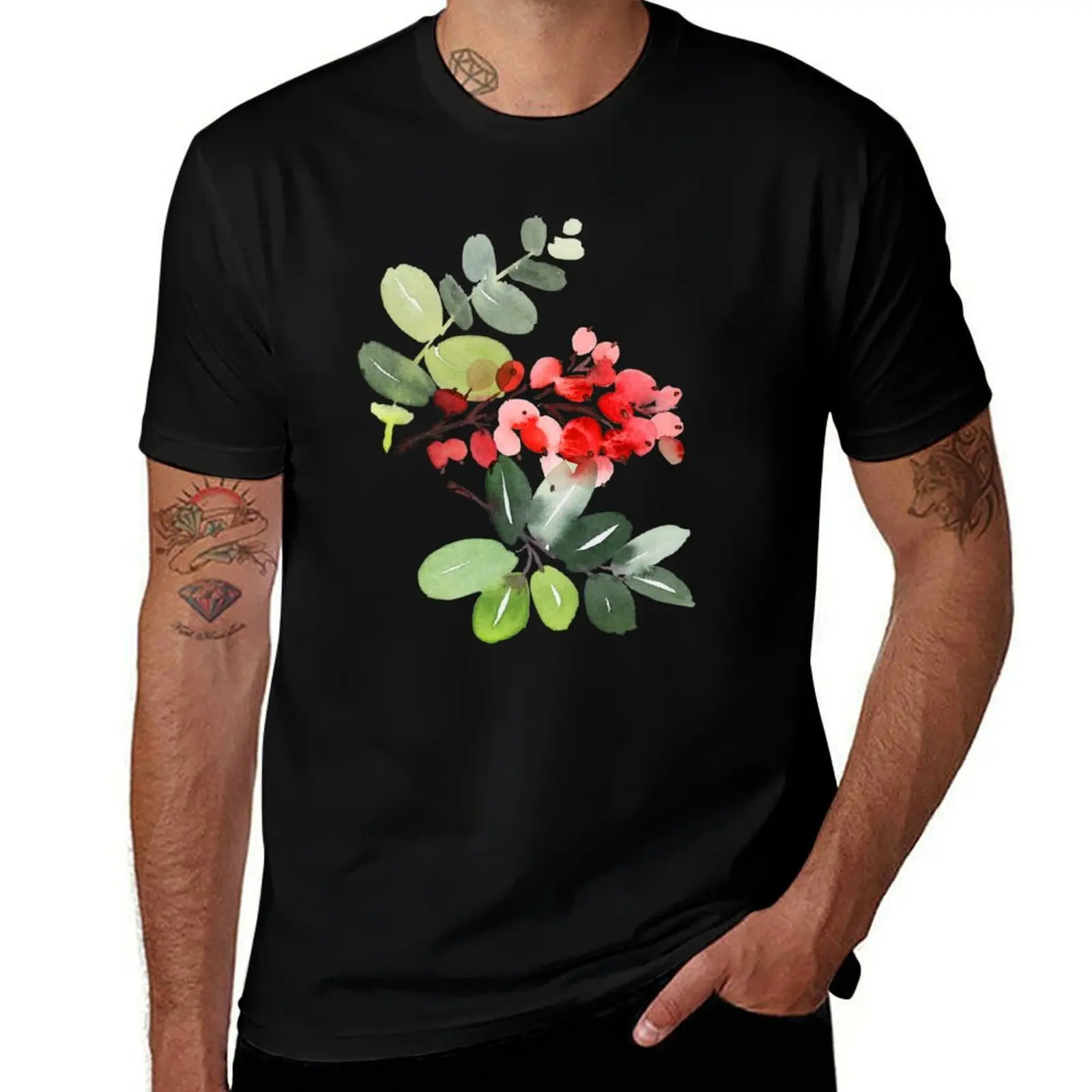 Watercolour Rowan Berries T-Shirt Christmas Casual Tee Shirt T-Shirt