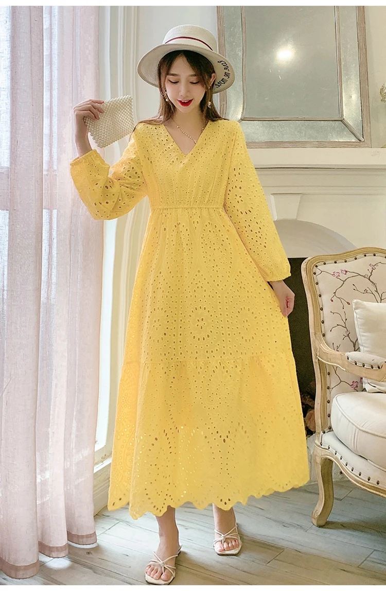 2023 New Spring Autumn Women V-Neck Long Sleeve Slim Long Dress Elegant Retro Embroidery Hollow Out Big Hem Evening Party Dress