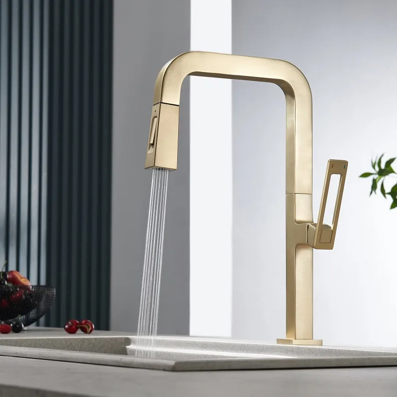 

Kitchen Mixer Faucets Hot & Cold Brass Sink Tap Pull Out Type Single Handle Square Deck Mounted Brushed Gold/Gun Grey/Sliver New