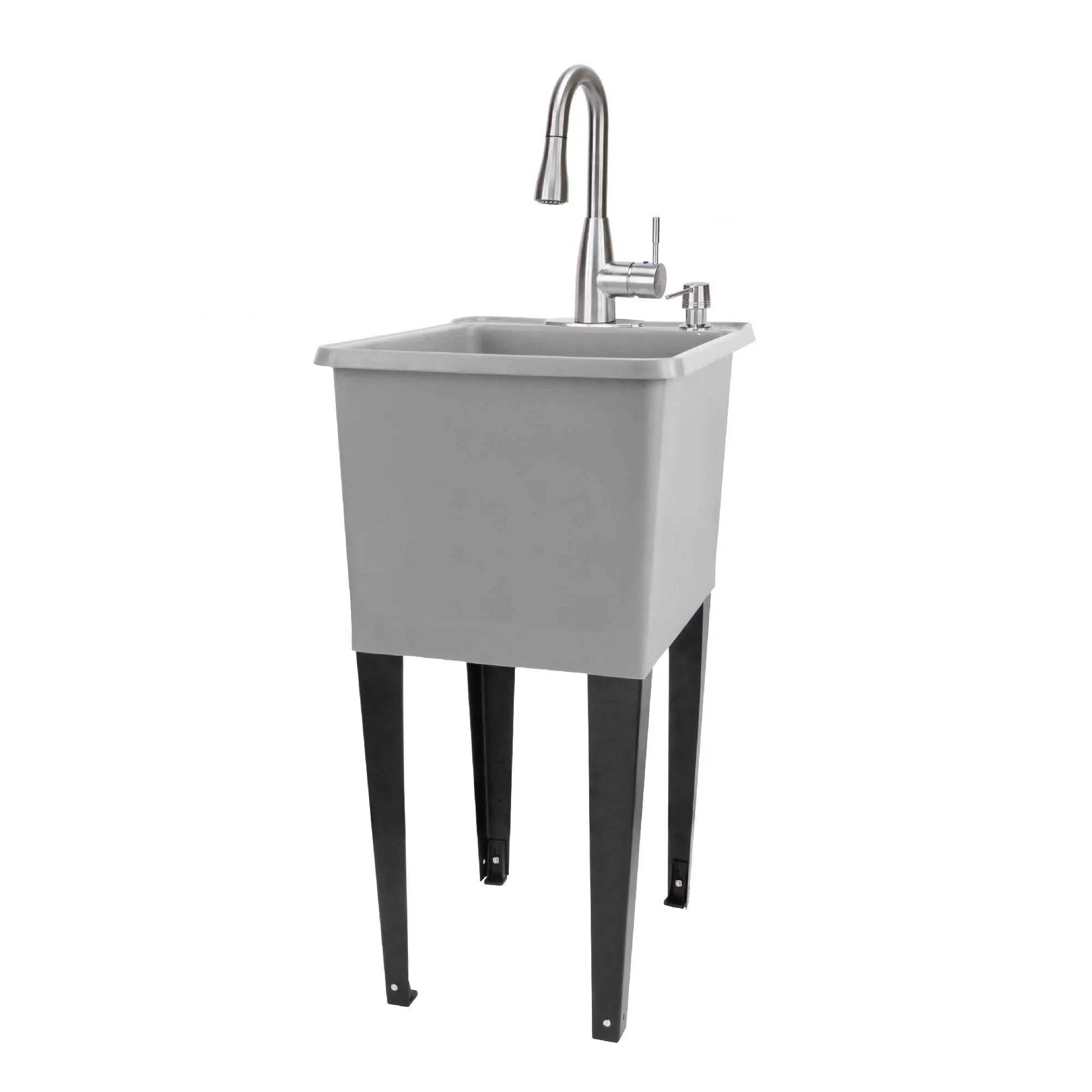 Grey Space Saver Utility Sink by , Freestanding Tehila Space Saving Laundry Tub, Matte Black Pull-Down Faucet, Soap