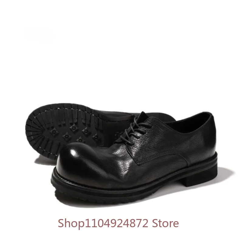 Handmade Round Toe Genuine Leather British Style Casual Derby Shoes Men's Thick Sole Casual Office Dress Leather Shoes Male
