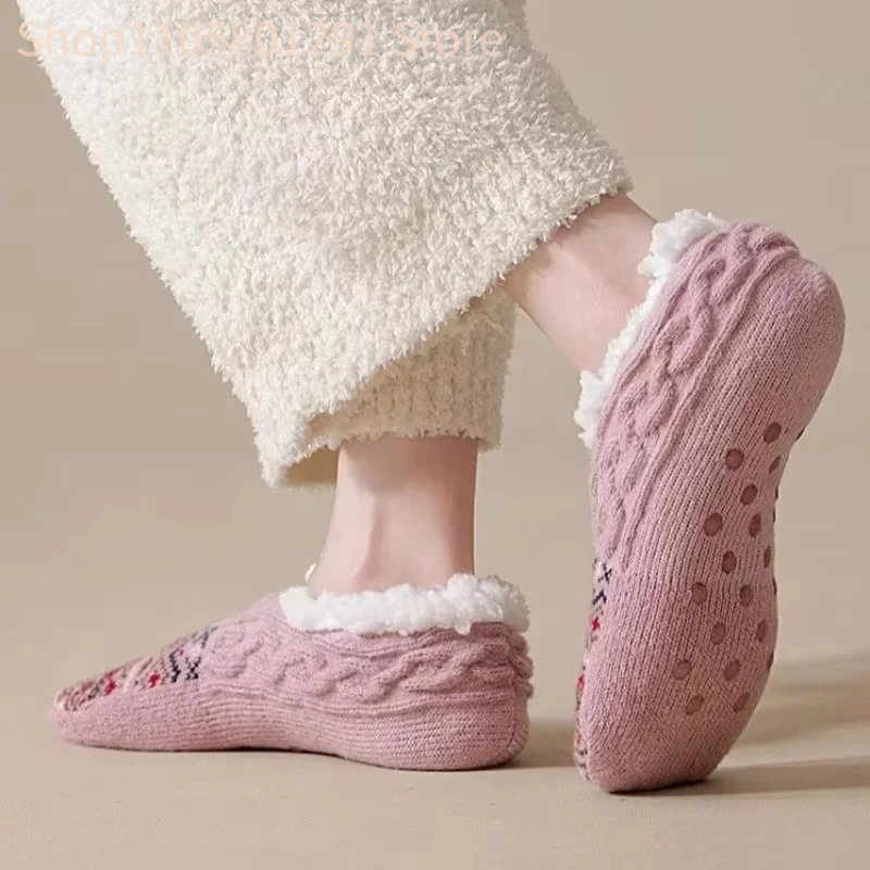 Women Winter Indoor Floor Socks for Adult, Jacquard Knit Warm Fleece Lined Non-Slip Home Slipper Socks for Bedroom