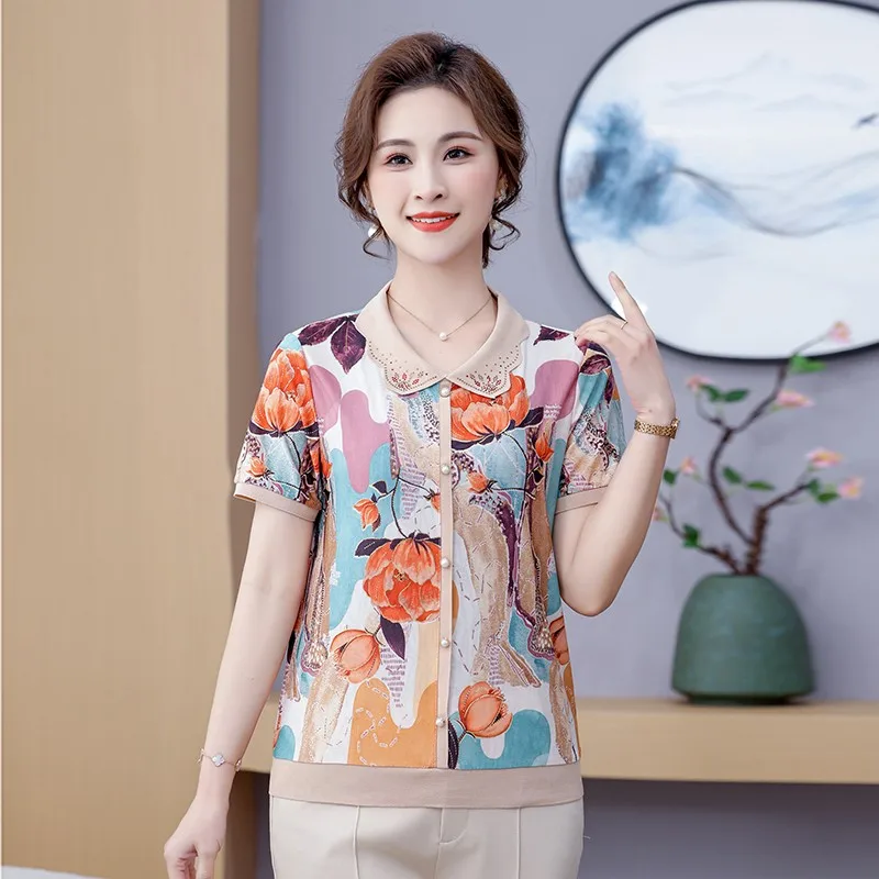 Casual All-match Diamonds Spliced Polo-Neck Tops Elegant Women's Clothing Summer Fashion Short Sleeve Printing T-shirt Female