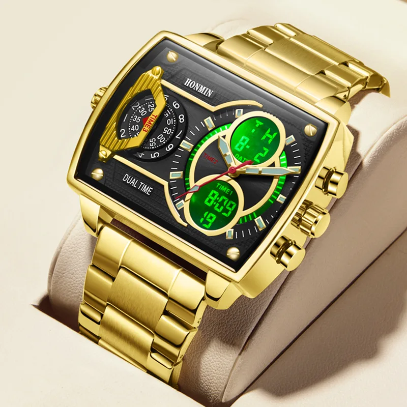 brand trendy square electronic watch cross-border explosion three time zones double luminous waterproof sports men's watch