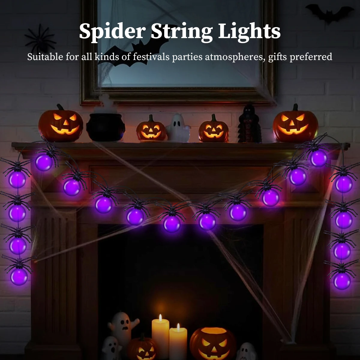 أضواء سلسلة عنكبوت لديكور الهالوين، مصباح LED أرجواني يعمل بالبطارية للفناء الداخلي لعيد الهالوين وعيد الميلاد، وديكور الحديقة #5