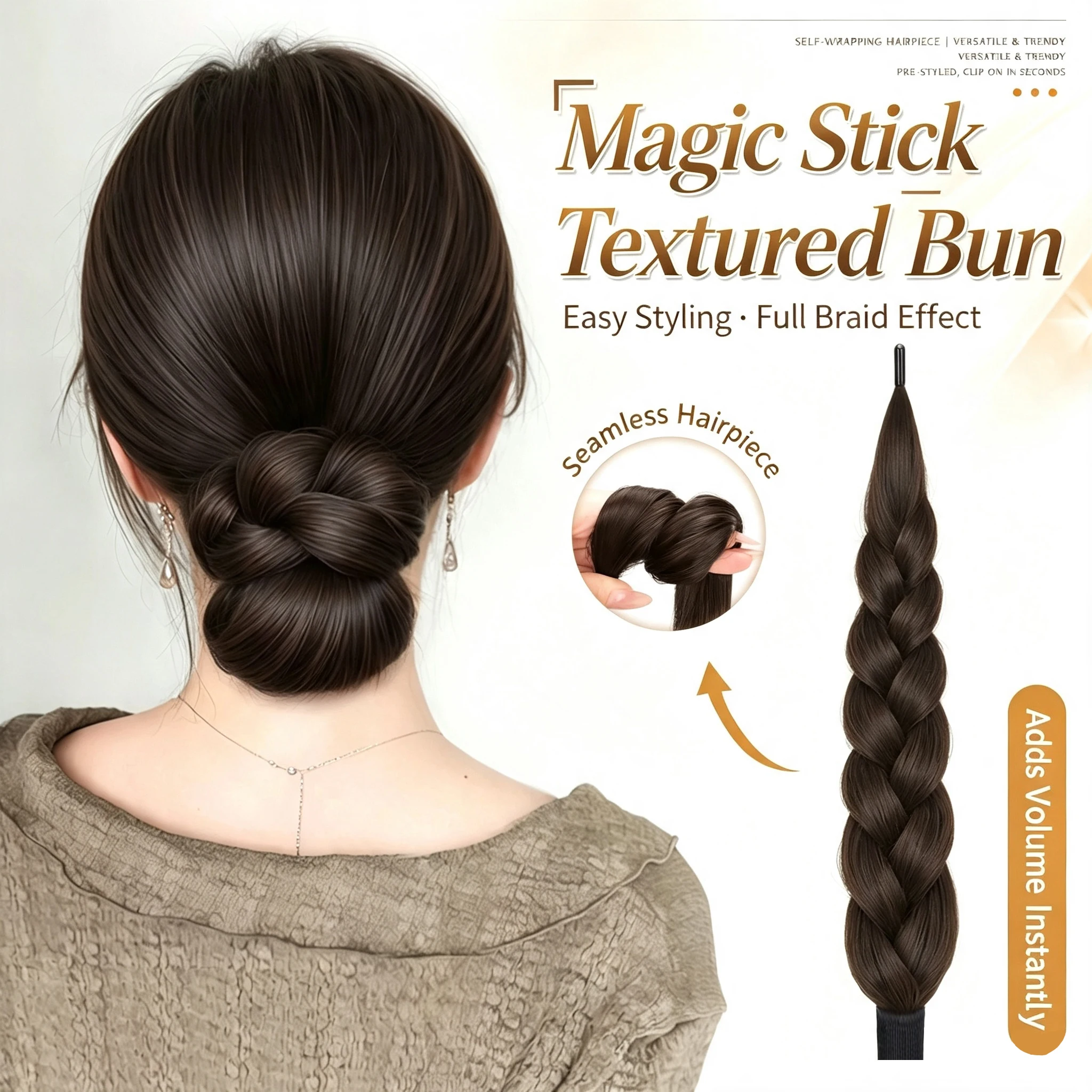 Synthetic Braided Hair Stick Hairpiece, Pre-Styled Chunky Braid Wrap Around Hair Bun Maker Invisible Seamless Magic Hair