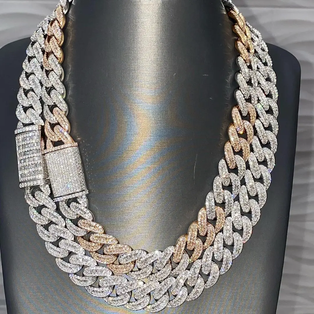 KIBO BigBoy 22mm s925 Sterling Silver 550g TwoTone Rose & White BustDowns Baguette Moissanite Cuban Link Chain