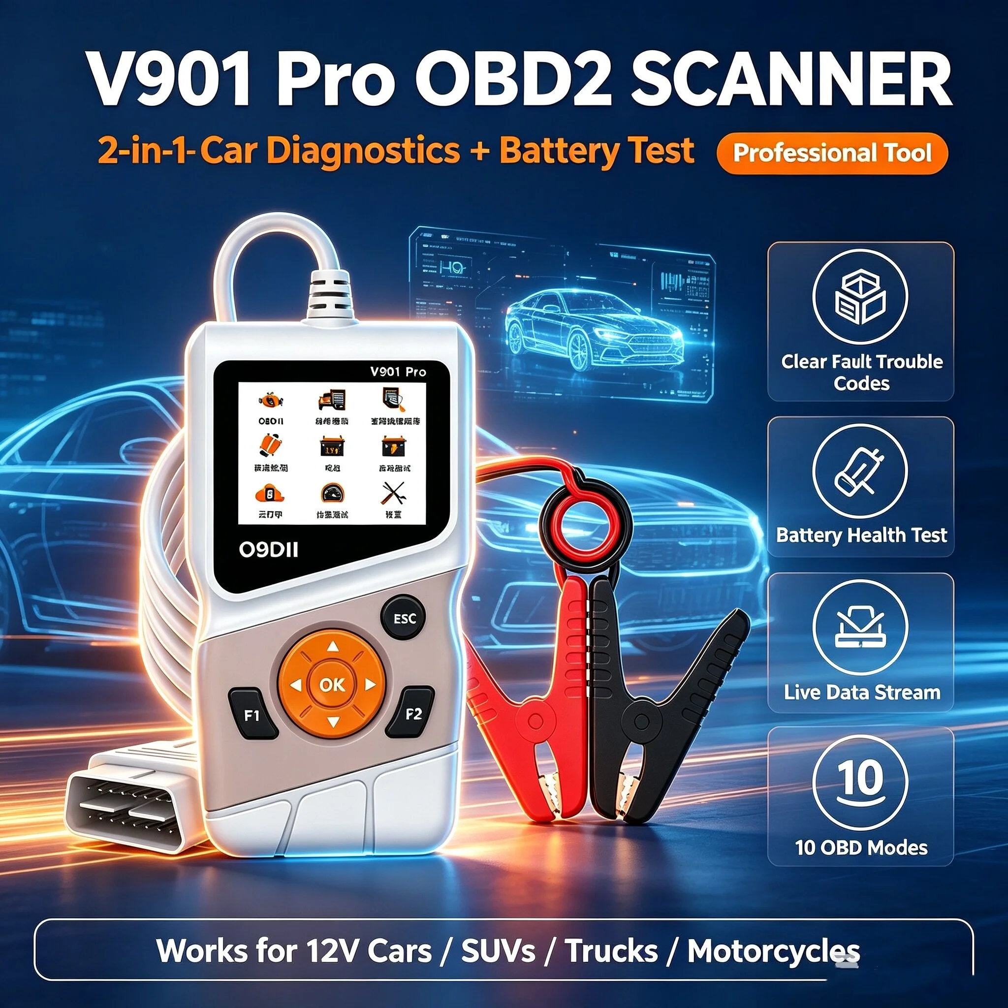 2 In 1 V901 Pro OBDII Car Diagnostic Scanner 12V Lead-Acid Battery Health Test Cranking Voltage Analyzer Auto Code Reader