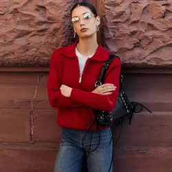 Talenza Red Knitted Sweater Women's Autumn and Winter Casual Lapel Zipper Long Sleeve Pullover Solid Loose Warm Street Sweater
