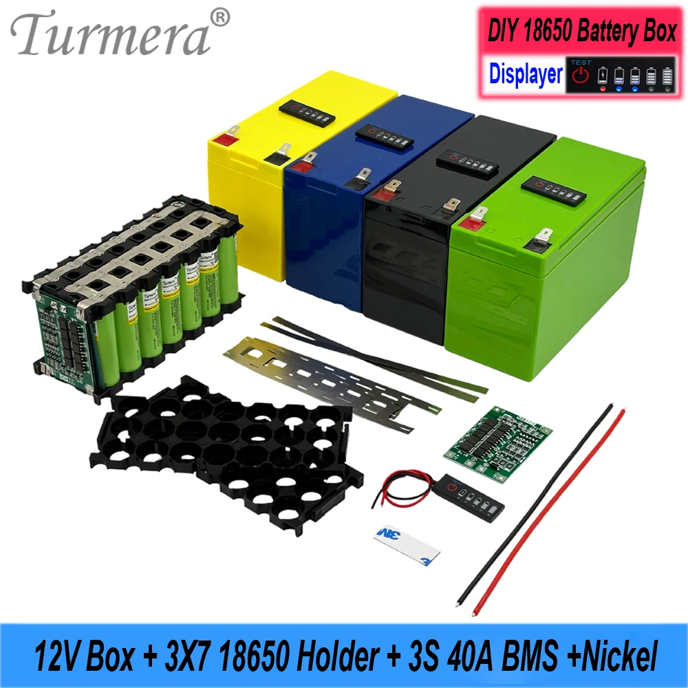 Turmera 12V Battery Storage Box with Indicator 3X7 18650 Battery Holder 40A Balance BMS Welding Nickel for Replace Lead-Acid Use