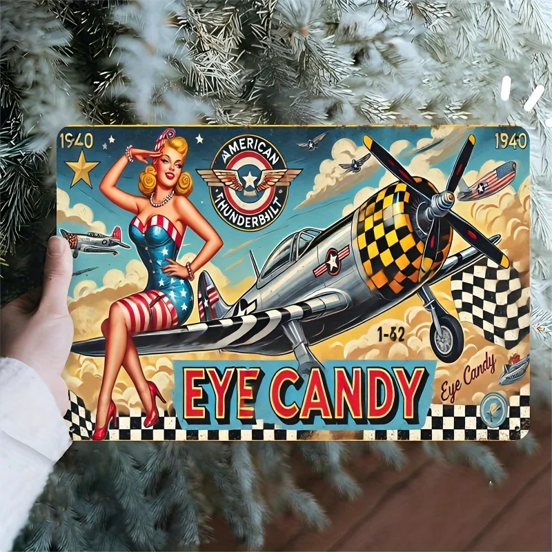 Vintage 1940s Airplane & Girl Metal Sign - Retro Wall Art for Home, Bar, Cafe, Office Durable Iron Construction, Perfect Gift