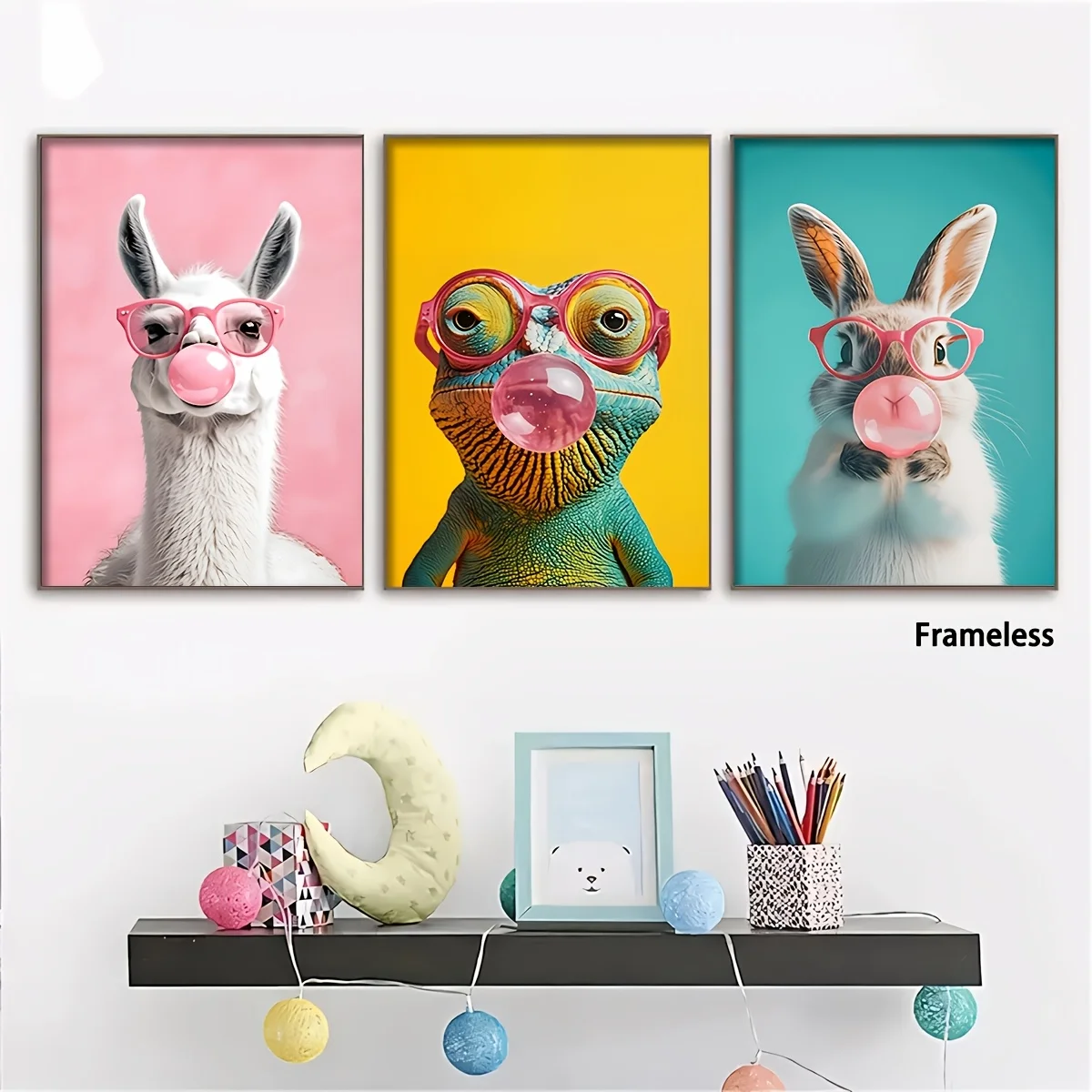 （NoFrame 3pcs）-2D Flat, 2D Flat, 2D Flat 3pcs Canvas Art Set - Unframed, Cute Alpaca, Lizard, Rabbit Bubblegum Designs - Vibr