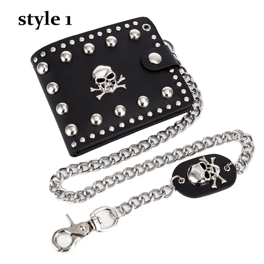 Street Punk Men's Rivet Chain Skull Wallet PU Leather Purse Billfold Money Clip Folding Clutch Wallet Detachable Metal Chain