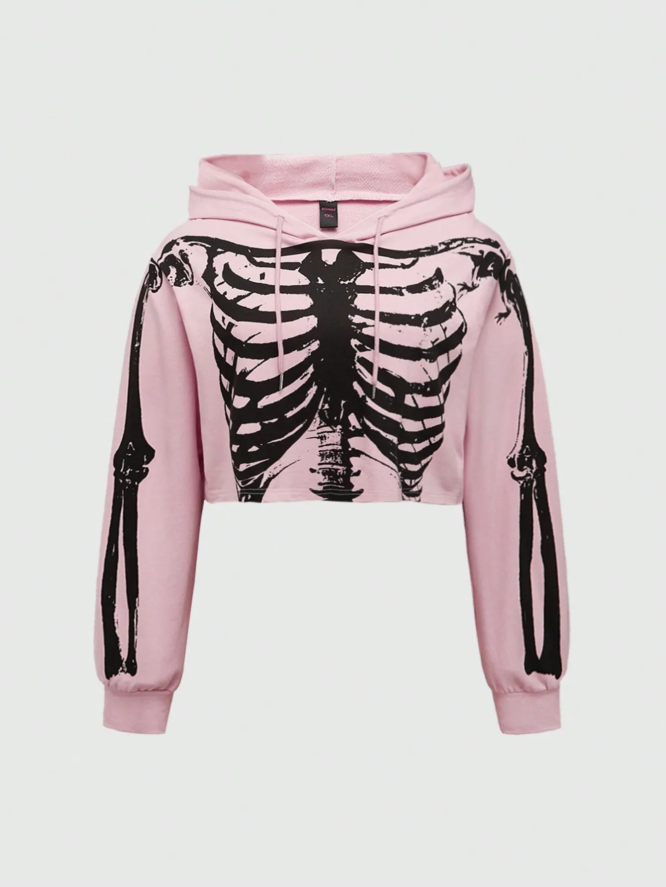 

Pink Cropped Hoodie with Black Skeleton Graphic Print