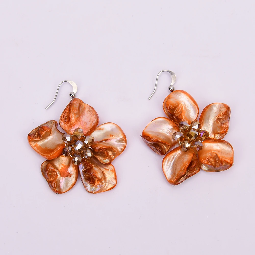 G-G Big Natural Orange Sea Shell Flower Crystal Dangle Hook Earrings Handmade Earring For Lady